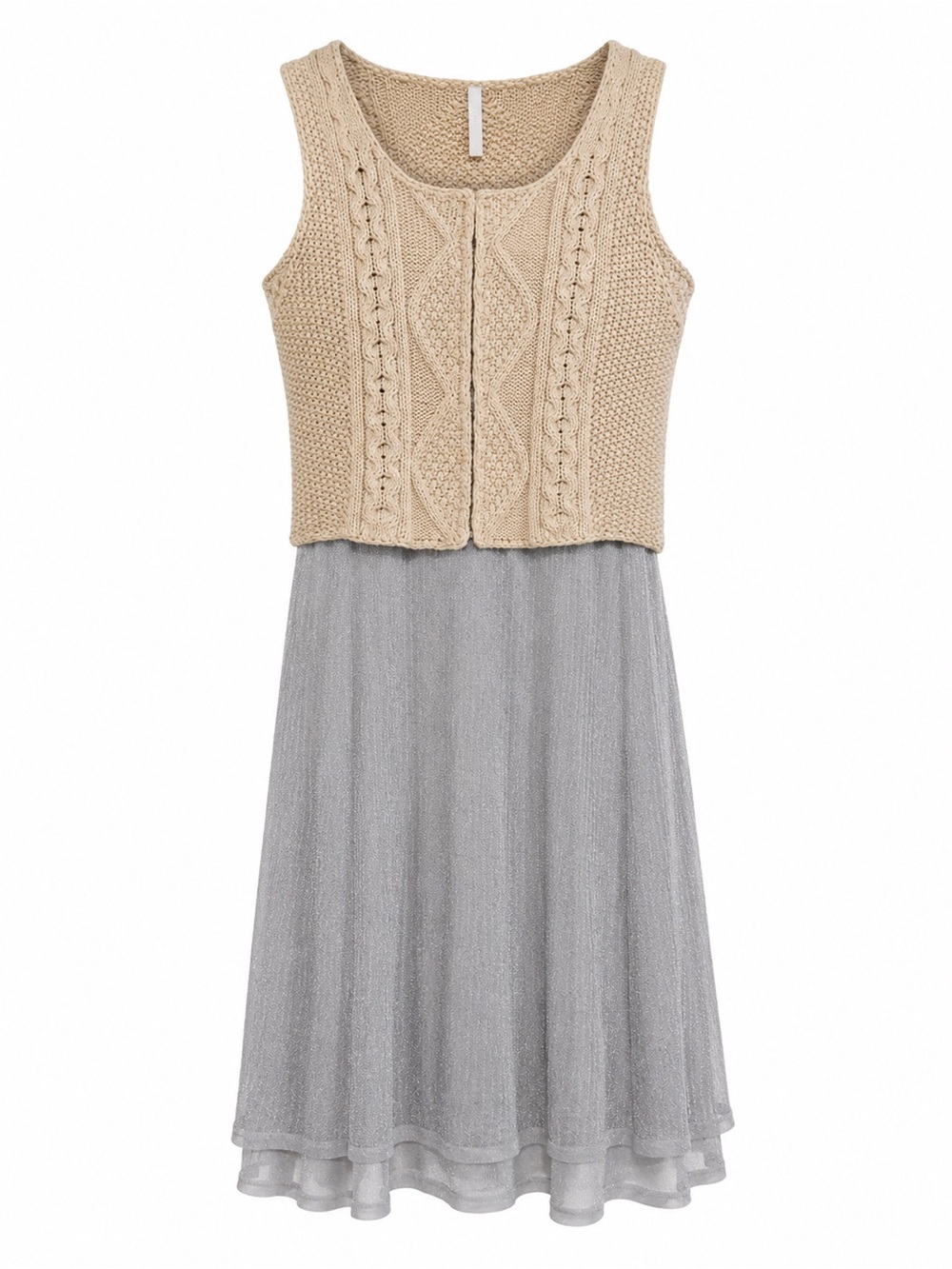 Knitted Beige & Sheer Silver Layered Sleeveless Dress By Iisli Size Petite